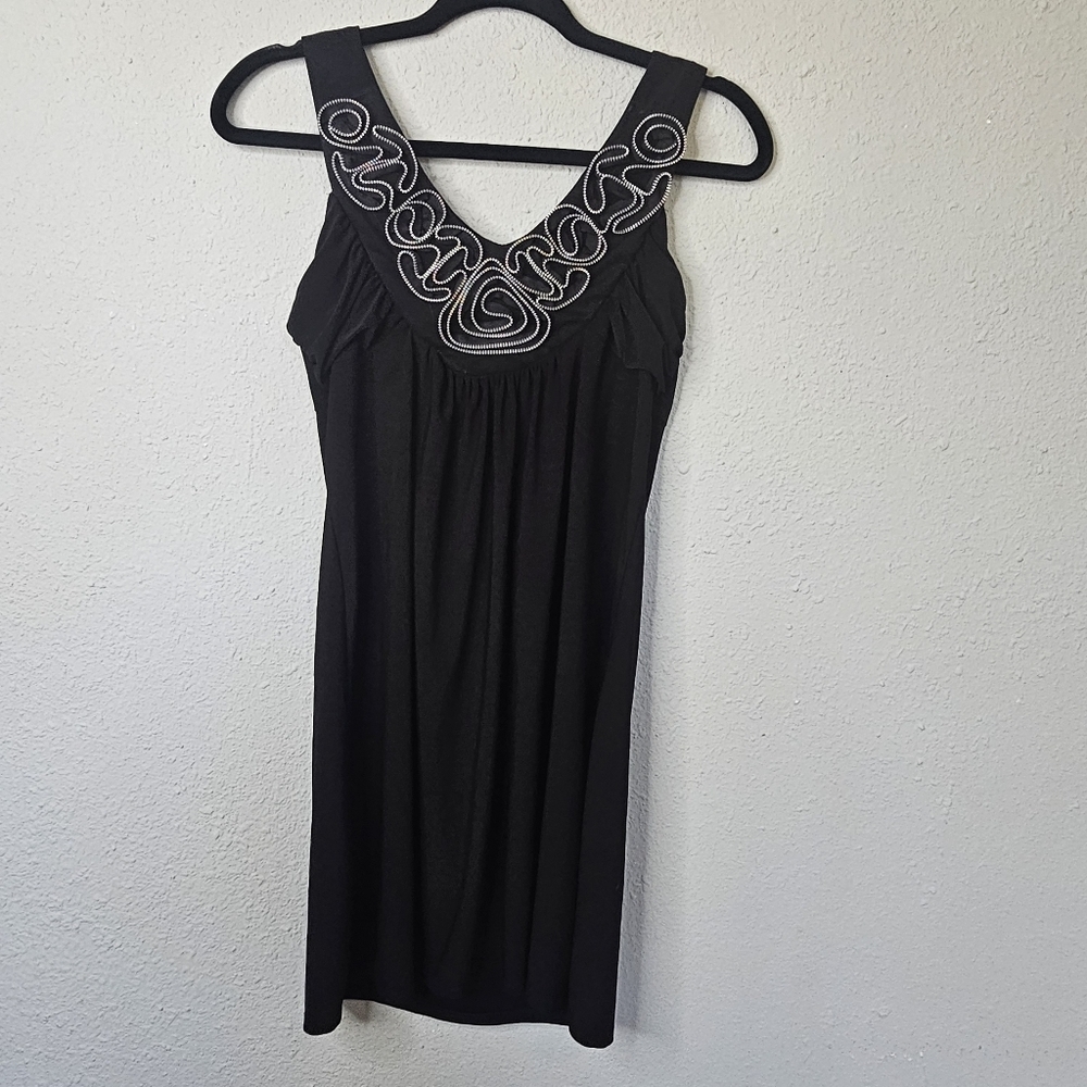 American City Wear Dress L Womens Black Sleeveless Zipper Rosette V Neck‎ Midi
